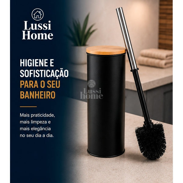 Escova Sanitária com Suporte Tampa Preta Cilíndrica Cerdas Vaso Sanitário Banheiro Limpeza Discreta