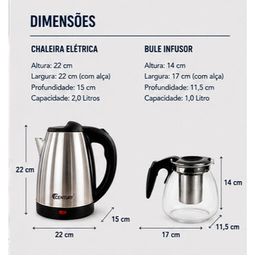 KIT Chaleira Elétrica e Bule Difusor com filtro - 127 ou 220V Jarra 1,8 Litros Resistente Inox Cromada Prático
