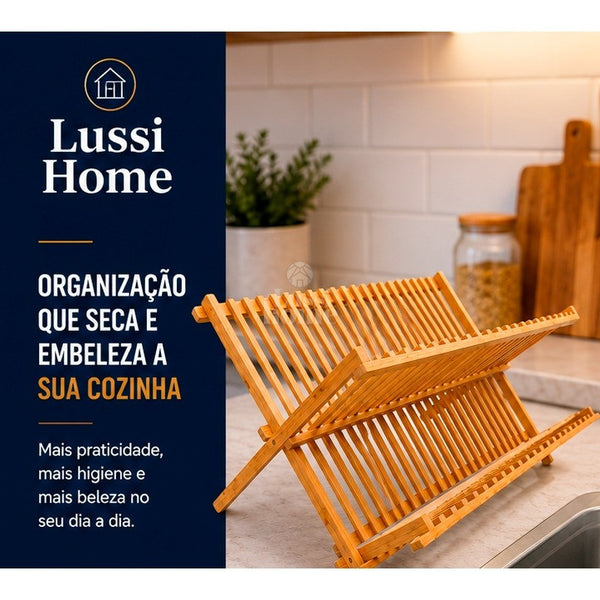 Escorredor de Louças Dobrável 2 Andares Bambu Natural Secar Pratos Copos Organizador Cozinha