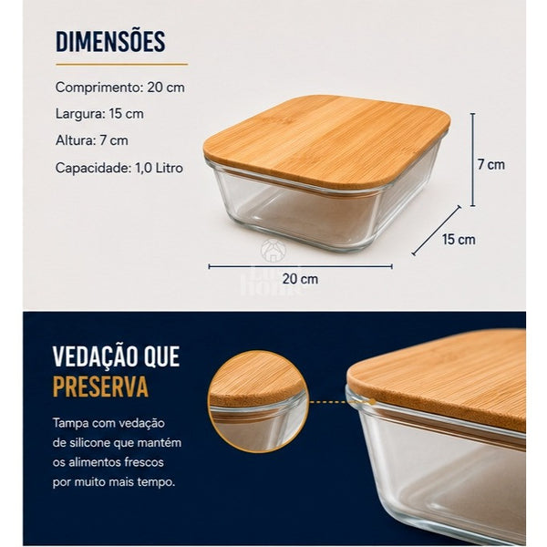 Pote Vidro Borossilicato Hermético Marmita Tampa Bambu 1040ml Alimentos Saladas Cozinha Organização