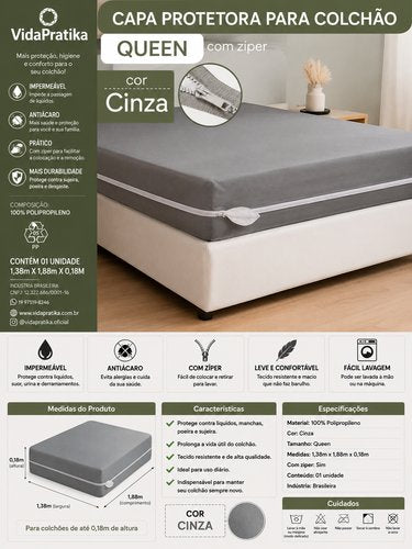 Capa Protetora para Colchão Queen com Ziper - Cinza