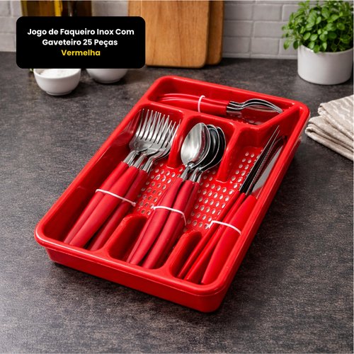 Jogo de Faqueiro Inox Com Gaveteiro 25 Peças - Vermelha