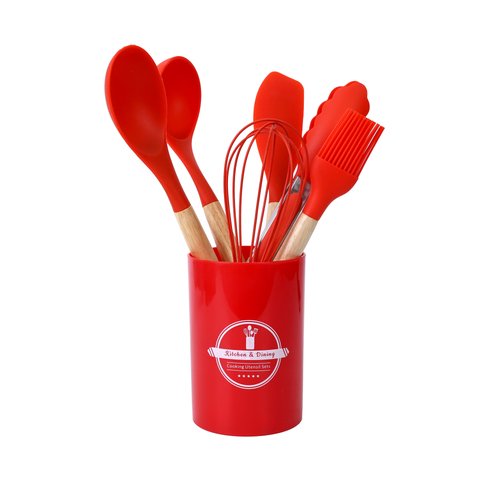 Jogo com 7 Peças de Silicone Vermelho com Cabo de Madeira