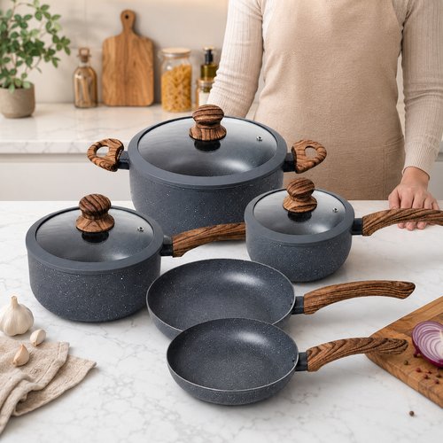 Conjunto 5 Panelas com Tampa Revestimento Cerâmico - Granito