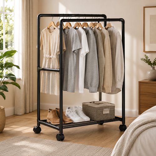 Arara para Roupas Dupla Fixa com Prateleira e Rodízios - Preto