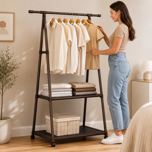 Arara Multiuso Para Roupas Fixa com Prateleiras - Preta
