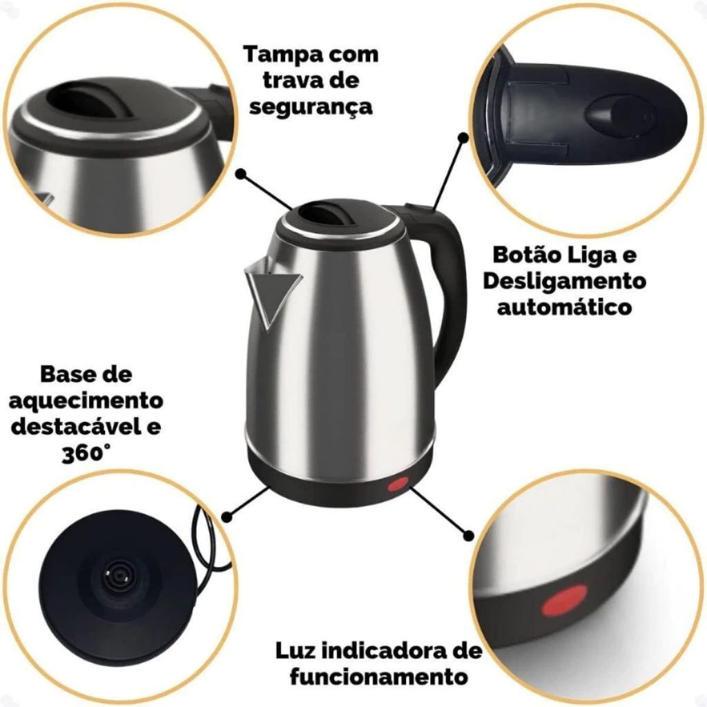 Chaleira Elétrica Inox 2 Litros 1000W Bivolt 127v 220v Base Giratória Desliga Sozinha Água Quente Cozinha