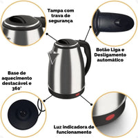 Chaleira Elétrica Inox 2 Litros 1000W Bivolt 127v 220v Base Giratória Desliga Sozinha Água Quente Cozinha
