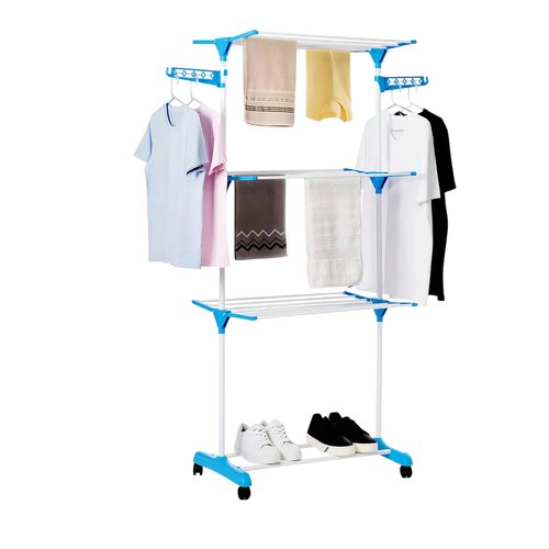 Multi varal de chão com bandejas 3 andares  Com Cabideiro- Azul