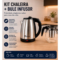 KIT Chaleira Elétrica e Bule Difusor com filtro - 127 ou 220V Jarra 1,8 Litros Resistente Inox Cromada Prático