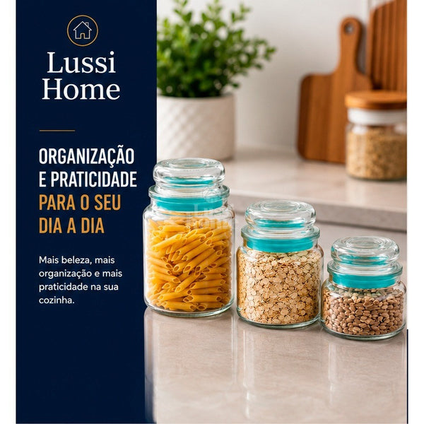 Conjunto 3 Potes Heméticos de Vidro - Sortida Mantimentos Alimentos Cozinha Organização Despensa