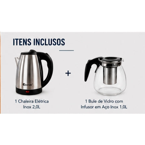 KIT Chaleira Elétrica e Bule Difusor com filtro - 127 ou 220V Jarra 1,8 Litros Resistente Inox Cromada Prático