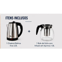 KIT Chaleira Elétrica e Bule Difusor com filtro - 127 ou 220V Jarra 1,8 Litros Resistente Inox Cromada Prático