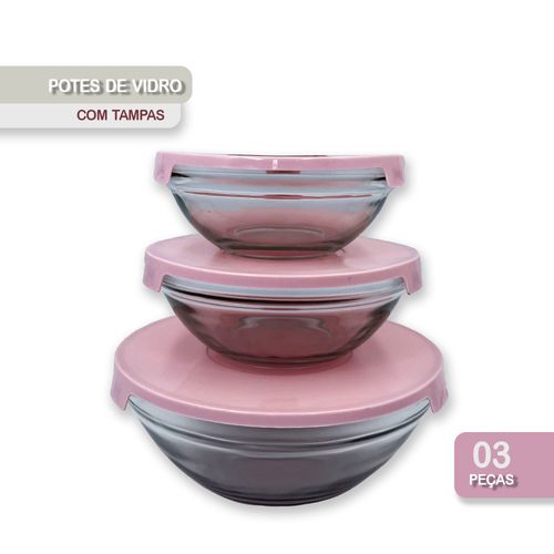 WE DROP - Conjunto 3 Potes de Vidro Hermeticos Com Tampa - Rosa