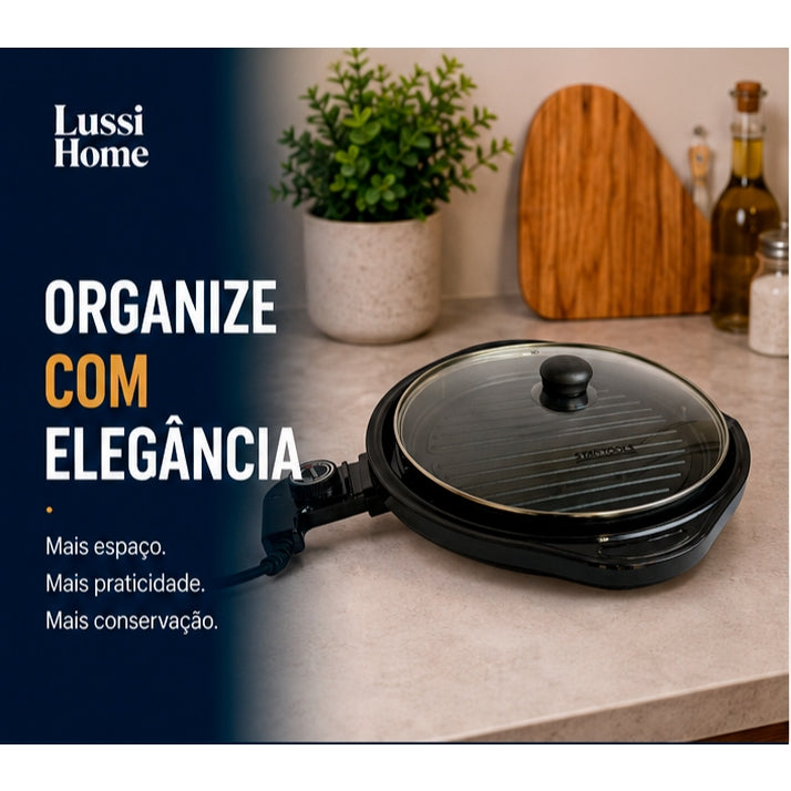 Grill Elétrico Redondo 1200W 127V 220V Antiaderente Termostato Churrasqueira Sem Fumaça Apartamento