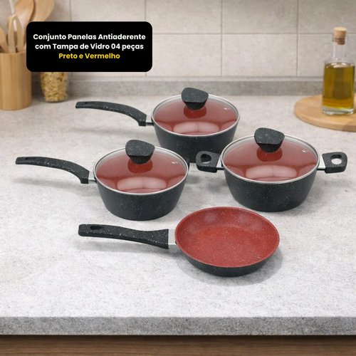 Conjunto Panelas Antiaderente com Tampa de Vidro 04 peças - Preto e Vermelho