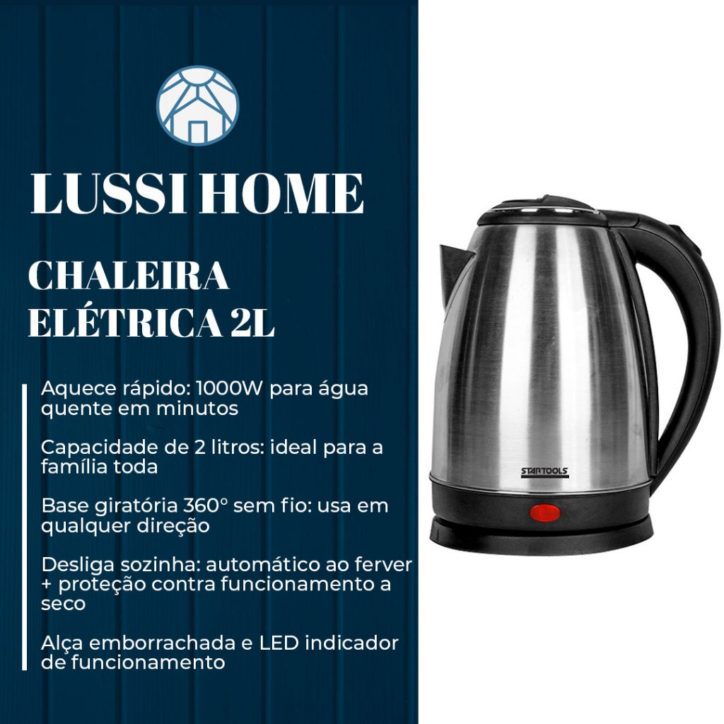 Chaleira Elétrica Inox 2 Litros 1000W Bivolt 127v 220v Base Giratória Desliga Sozinha Água Quente Cozinha