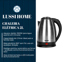 Chaleira Elétrica Inox 2 Litros 1000W Bivolt 127v 220v Base Giratória Desliga Sozinha Água Quente Cozinha