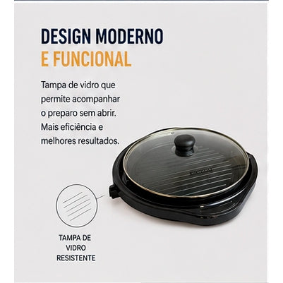 Grill Elétrico Redondo 1200W 127V 220V Antiaderente Termostato Churrasqueira Sem Fumaça Apartamento