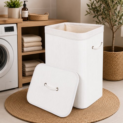 Cesto de Bambu com alças e tampa 70L- Branco