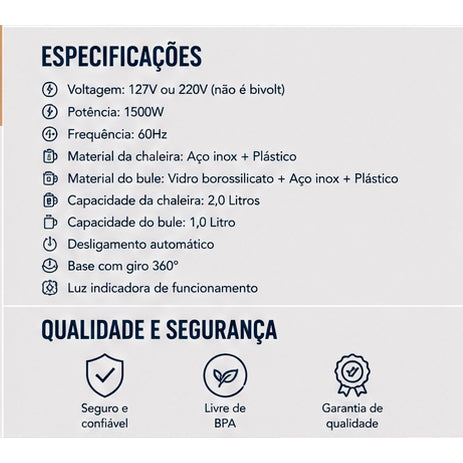 KIT Chaleira Elétrica e Bule Difusor com filtro - 127 ou 220V Jarra 1,8 Litros Resistente Inox Cromada Prático