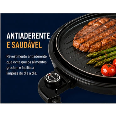 Grill Elétrico Redondo 1200W 127V 220V Antiaderente Termostato Churrasqueira Sem Fumaça Apartamento