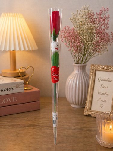 Rosa Artificial com ursinho Com Embalagem - vermelha