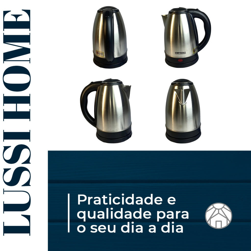 Chaleira Elétrica Inox 2 Litros 1000W Bivolt 127v 220v Base Giratória Desliga Sozinha Água Quente Cozinha