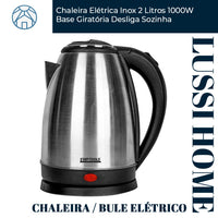 Chaleira Elétrica Inox 2 Litros 1000W Bivolt 127v 220v Base Giratória Desliga Sozinha Água Quente Cozinha