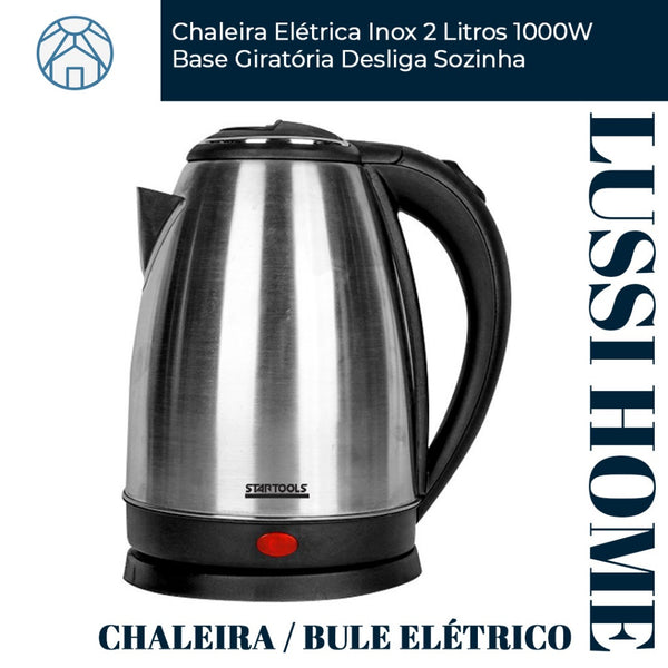 Chaleira Elétrica Inox 2 Litros 1000W Bivolt 127v 220v Base Giratória Desliga Sozinha Água Quente Cozinha