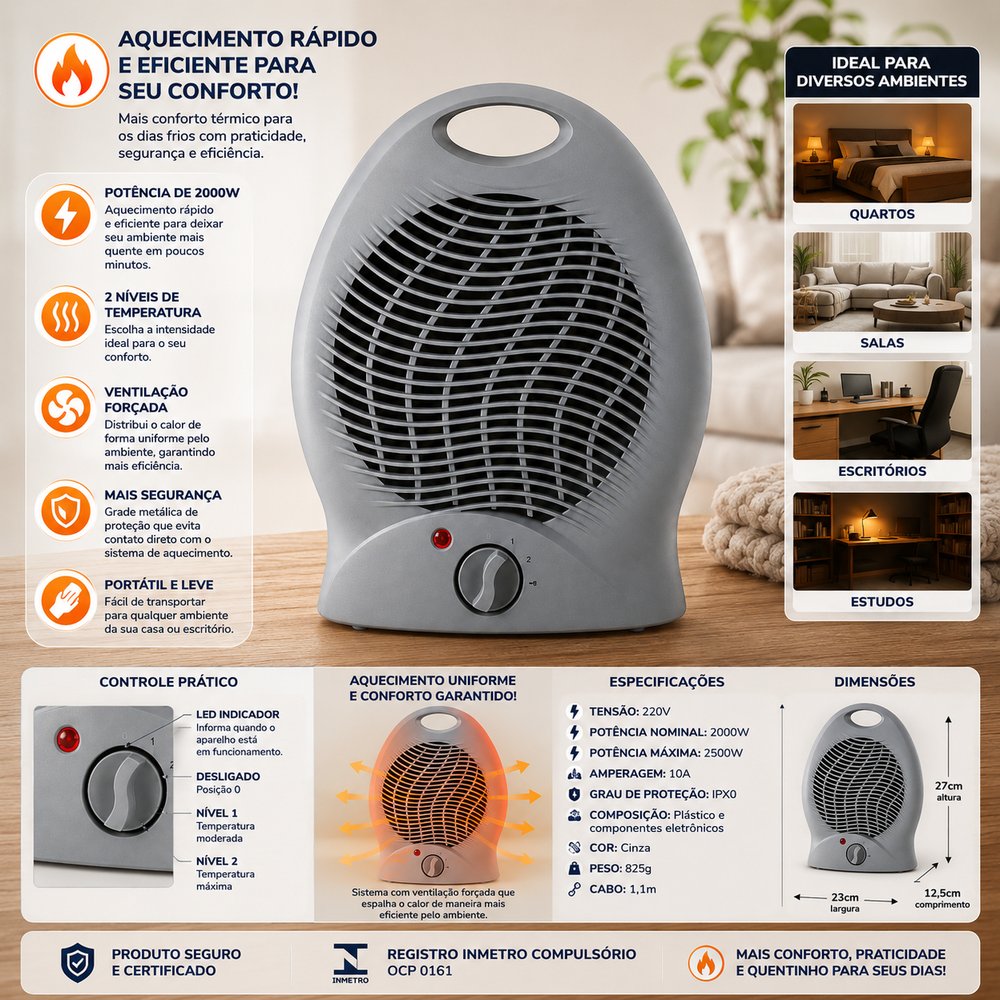 Aquecedor de Ar Elétrico 2000W 220V - Cinza