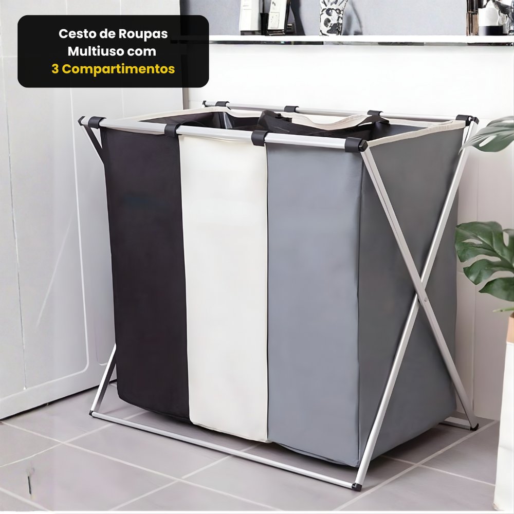 Cesto de Roupas Multiuso com 3 Compartimentos