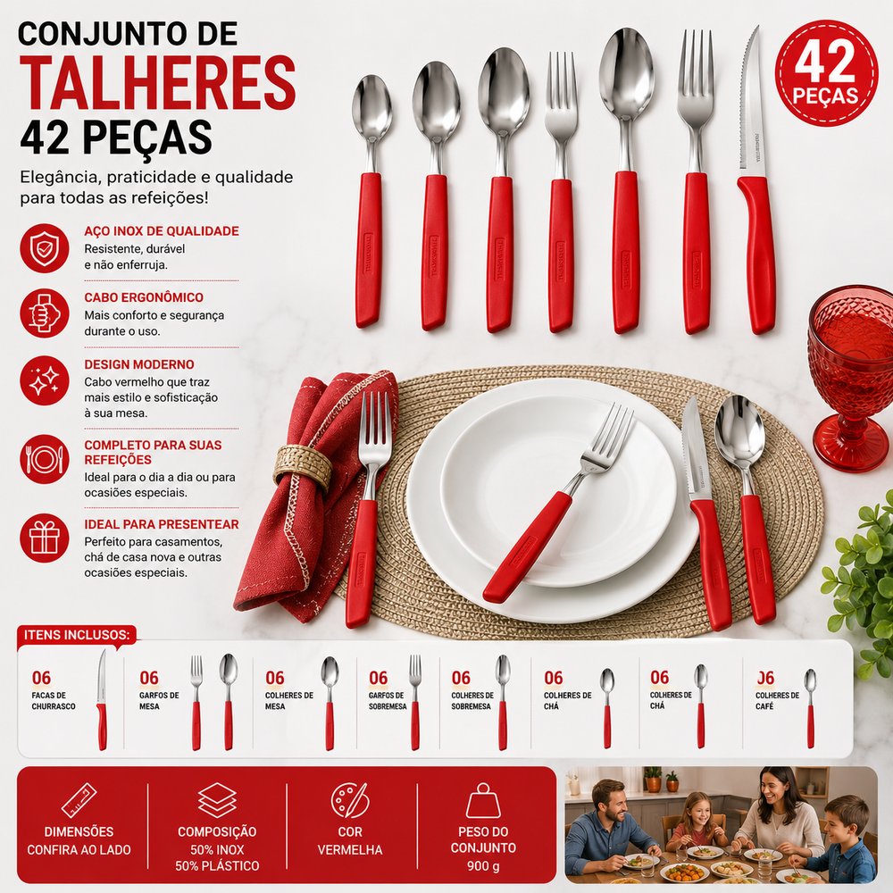 Conjunto Talheres 42 Peças New Caprese - Vermelha