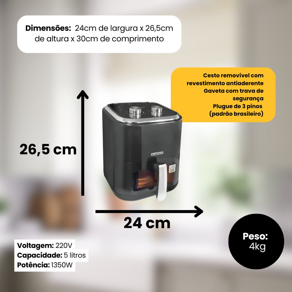 Fritadeira Elétrica Air Fryer Sem Oléo Preto 220V - 5 Litros