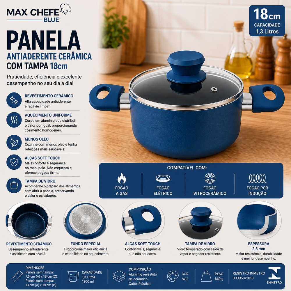 Panela Antiaderente Cerâmica com Tampa 18cm - Azul