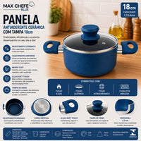 Panela Antiaderente Cerâmica com Tampa 18cm - Azul