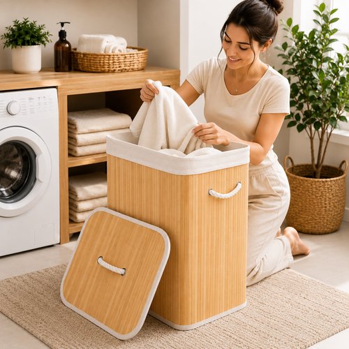 Cesto de Bambu com alças e tampa 70L- Bambu