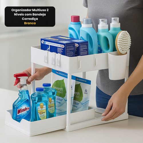 Organizador Multiuso 2 Níveis com Bandeja Corrediça - Branca