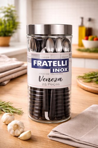 Jogo de Talheres Veneza com Pote de Vidro 25 Peças - Preta