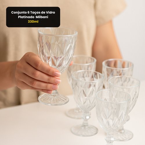 Conjunto 6 Taças de Vidro Platinado  Milbani 330ml