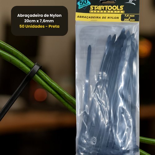 Abraçadeira de Nylon 20cm x 7,6mm com 50 Unidades - Preta