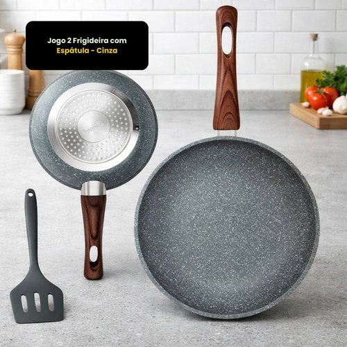 Kit 2 Frigideiras com Revestimento Nanocerâmico Granito com Espátula - Cinza