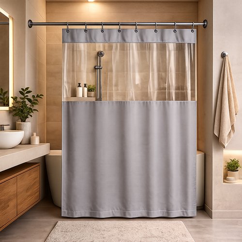 Cortina de Box com Visor Transparente e Ganchos 1,38m x 1,98m -  Cinza