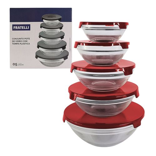 WE DROP - Conjunto 5 Potes de Vidro Hermeticos Com Tampa - Vermelho