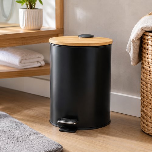 Lixeira com Pedal e Tampa de Bambu 5 Litros - Preta