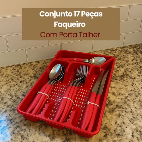 Conjunto 17 Peças Faqueiro com Porta Talher - Vermelha