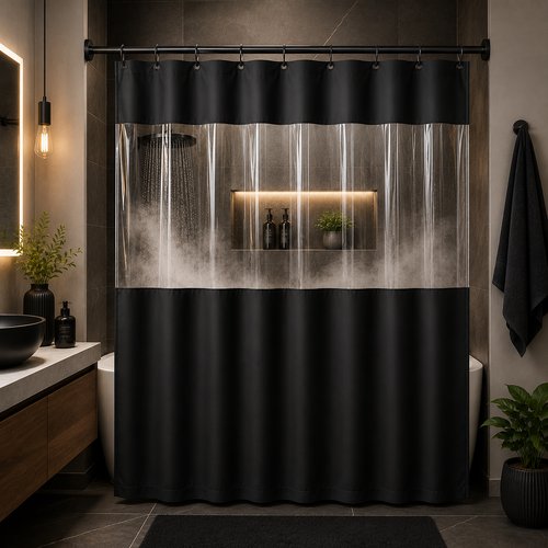 Cortina de Box com Visor Transparente e Ganchos 1,38m x 1,98m - Preta