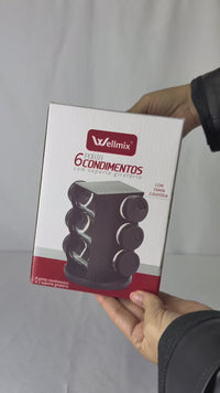 Porta Condimentos Giratório Plástico Preto com 06 Potes 80ml