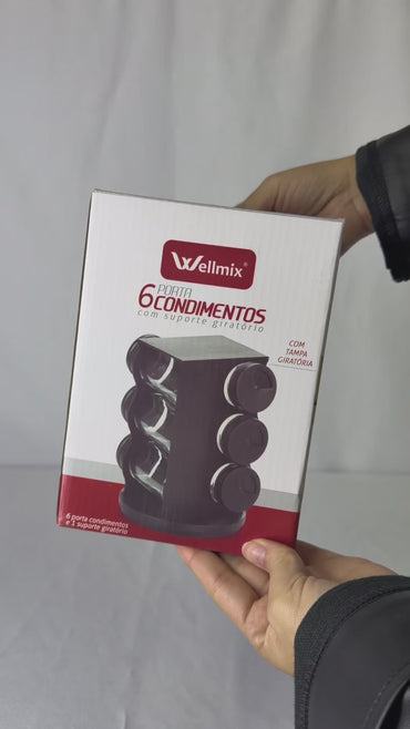 Porta Condimentos Giratório Plástico Preto com 06 Potes 80ml