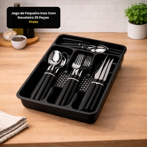 Jogo de Faqueiro Inox Com Gaveteiro 25 Peças - Preta